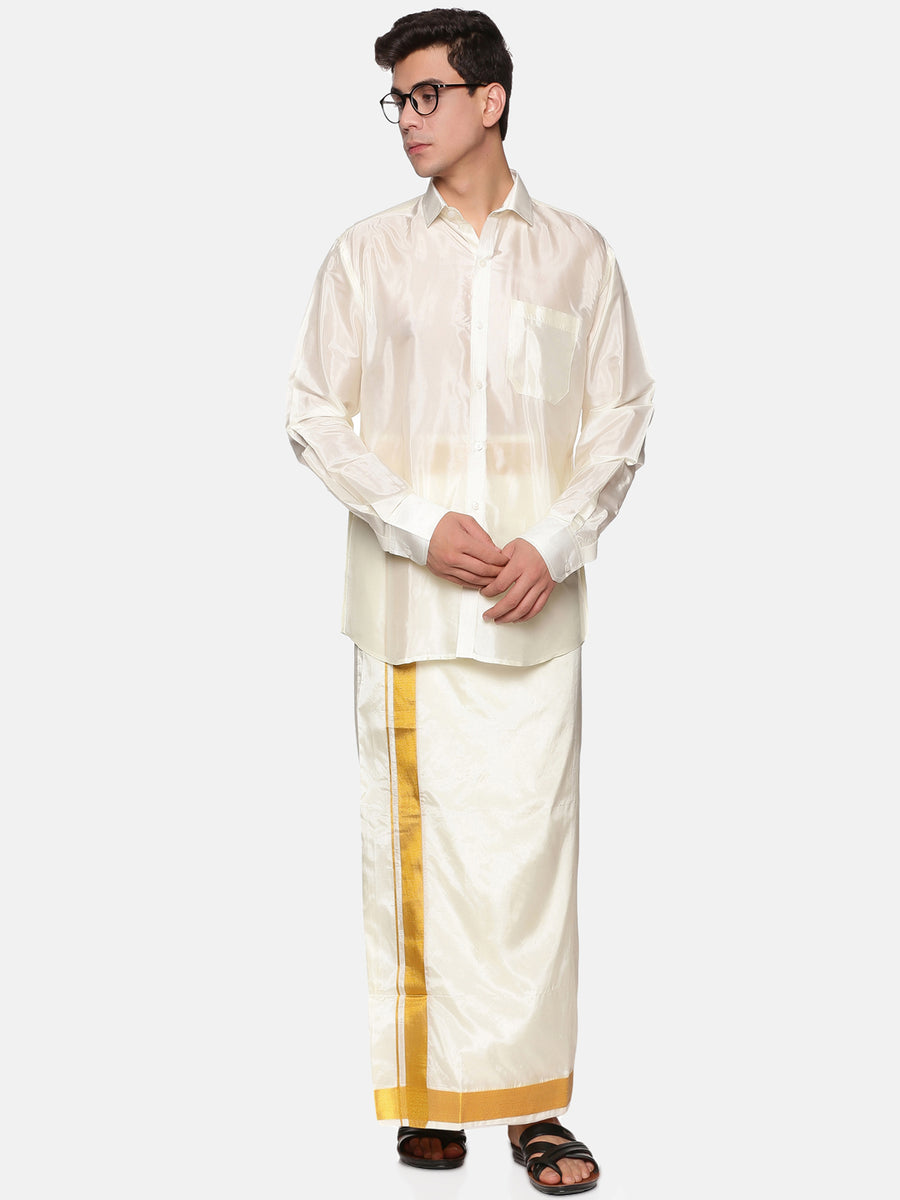 Men Full Sleeve Shirt Readymade Dhoti Angavastram Set