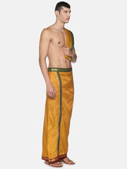 Men Mastard Art Silk Readymade Dhoti With Angavastram Set.