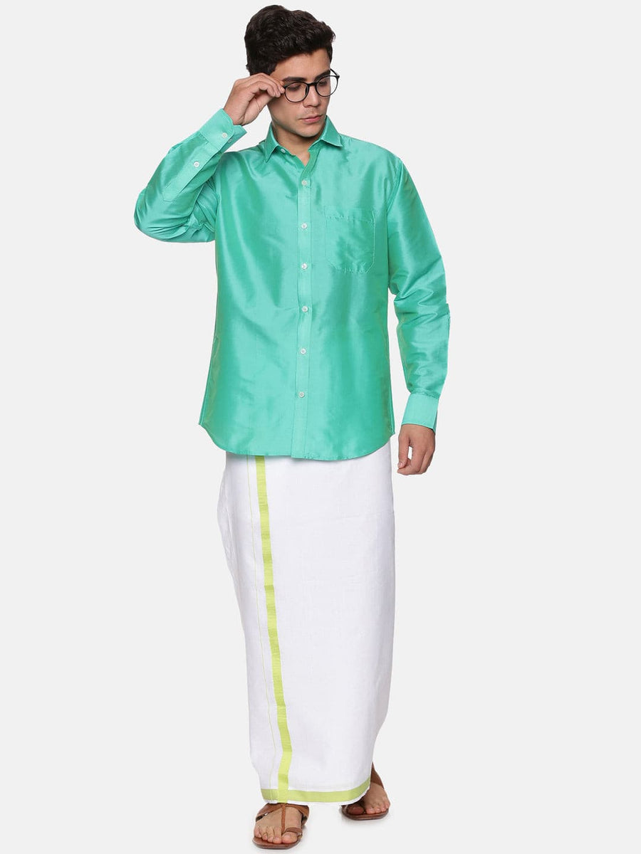 Men Solid Green Colour Full Sleeve Shirt Pocket Dhoti Set