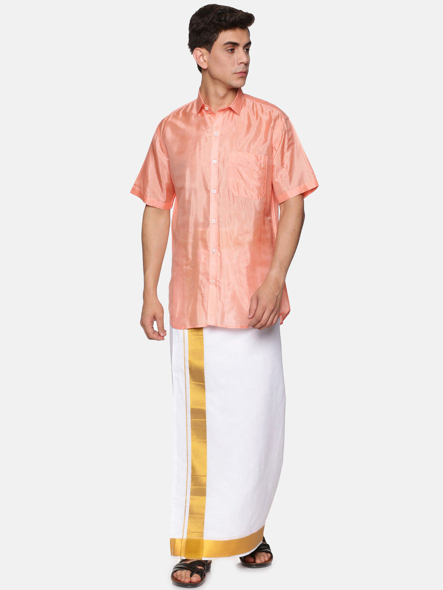 Mens Art Silk Peach Shirt With White Dhoti And Angavastram.
