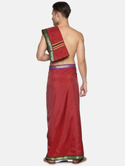 Men Maroon Art Silk Readymade Dhoti With Angavastram Set.