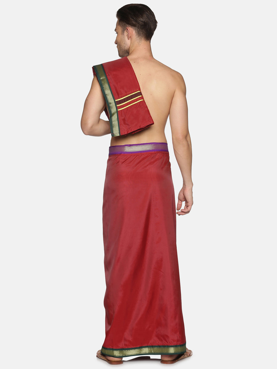 Men Maroon Art Silk Readymade Dhoti With Angavastram Set.