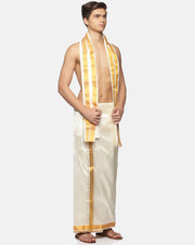 Men Cream Art Silk Readymade Dhoti With Angavastram Set.