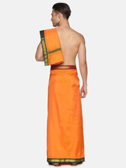 Men Orange Art Silk Readymade Dhoti With Angavastram Set.
