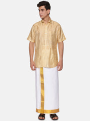 Men Artsilk Shirt and Solid White Ready to Wear Cotton Dhoti Set