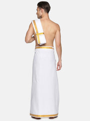 Men White Cotton Readymade Dhoti With Angavastram Set.
