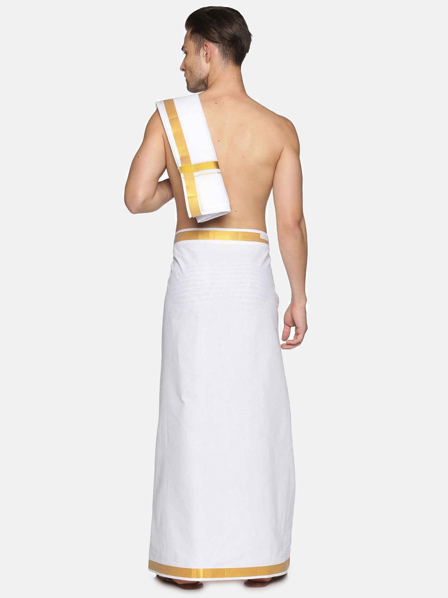 Men White Cotton Readymade Dhoti With Angavastram Set.