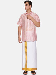 Men Artsilk Shirt and Solid White Ready to Wear Cotton Dhoti Set