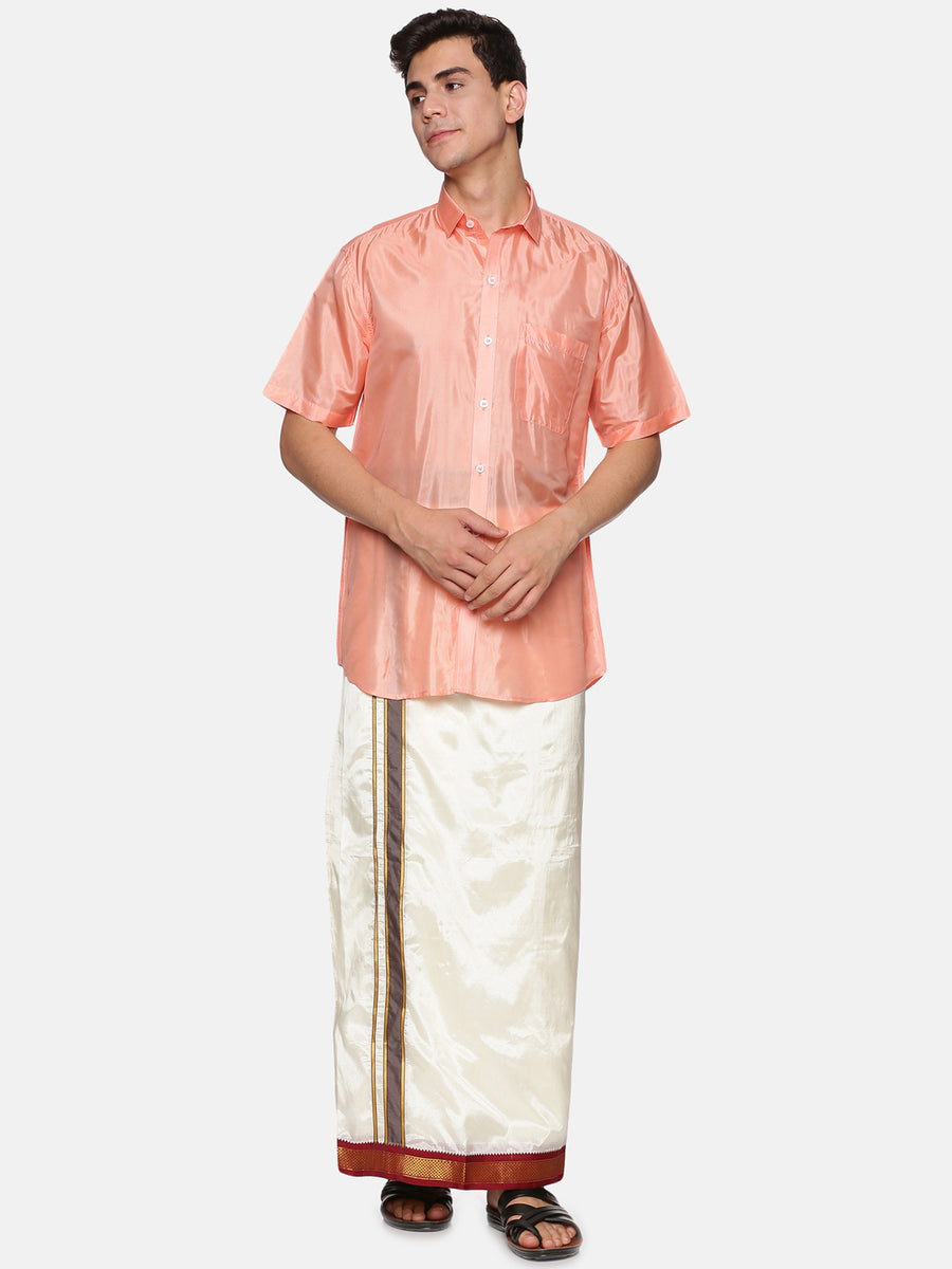 Mens Art Silk Peach Shirt With Cream Dhoti And Angavastram.