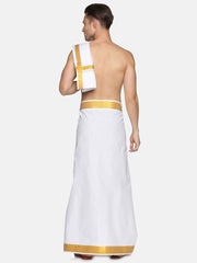 Men White Cotton Readymade Dhoti With Angavastram Set.