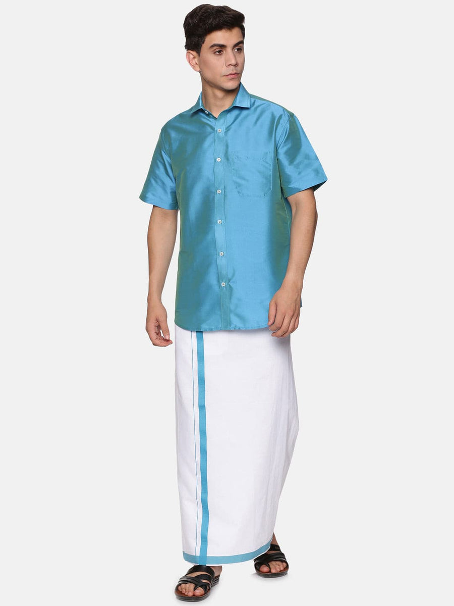 MEN SOLID BLUE COLOUR HALF SLEEVE SHIRT POCKET DHOTI SET.