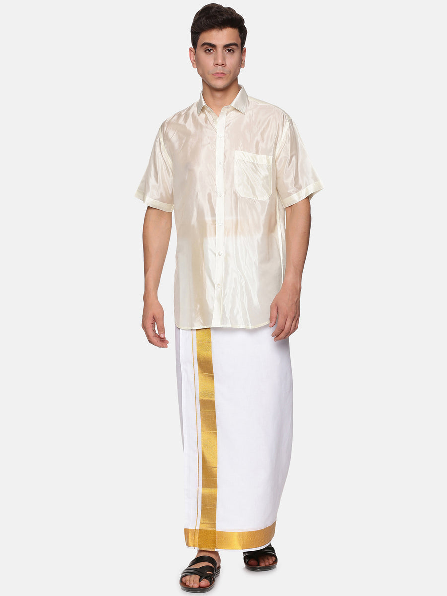 Men Artsilk Shirt and Solid White Ready to Wear Cotton Dhoti Set