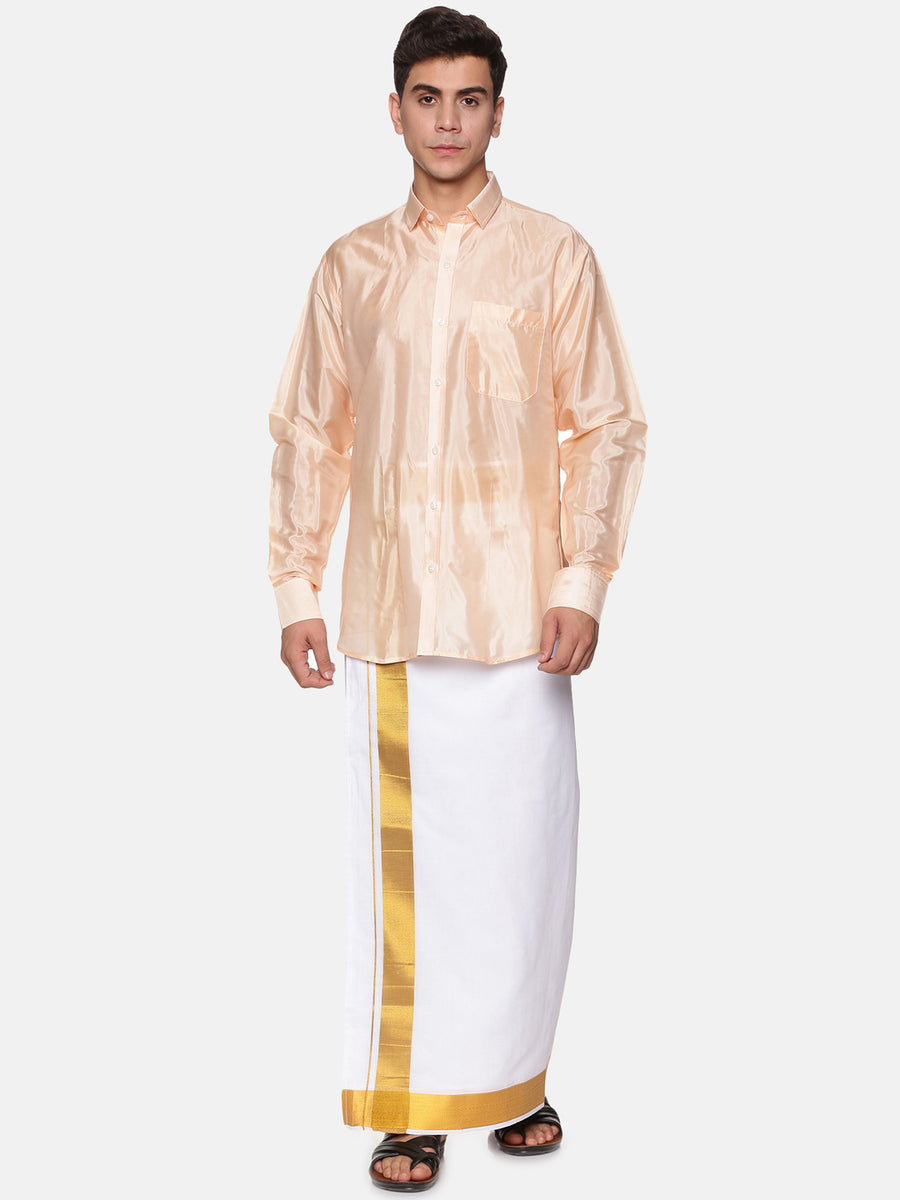 Men Full Sleeve Cream Colour Shirt and Pocket Dhoti Set