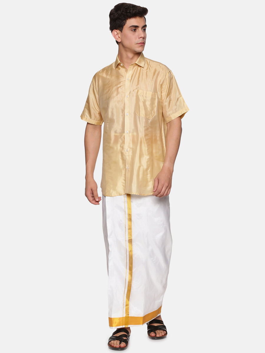 Men Artsilk Shirt and Solid White Ready to Wear Dhoti Set
