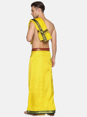Men Yellow Art Silk Readymade Dhoti With Angavastram Set.