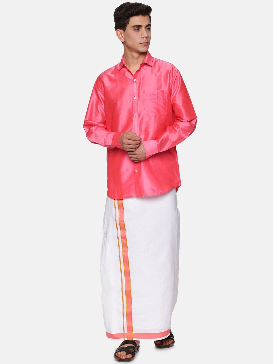 Men Solid Coral Colour Full Sleeve Shirt Pocket Dhoti Set