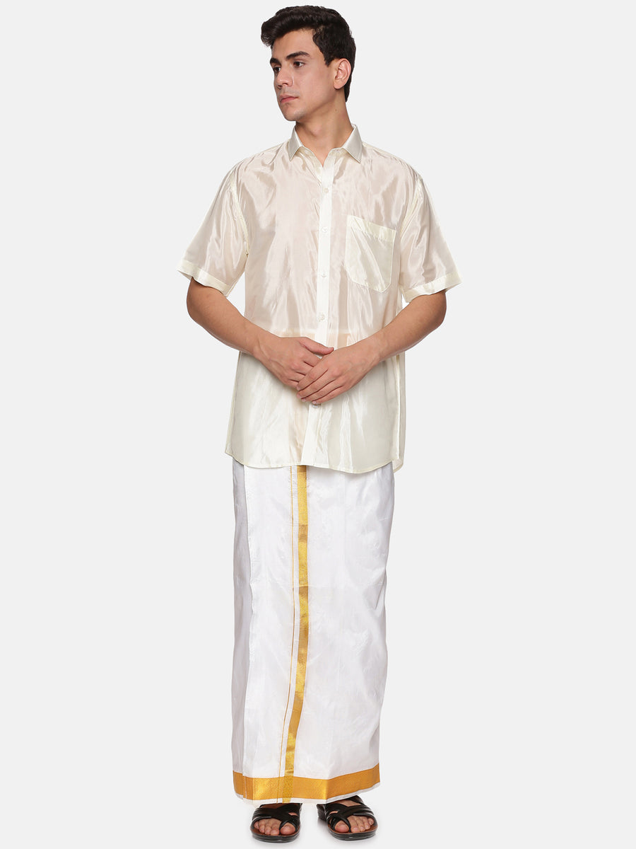 Men Artsilk Shirt and Solid White Ready to Wear Dhoti Set