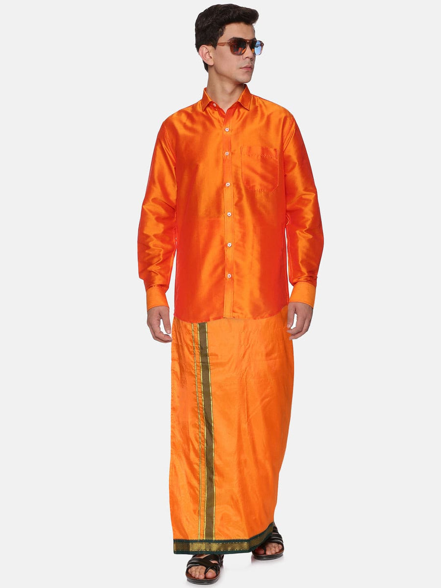 Men Solid Orange Colour Full Sleeve Shirt Pocket Dhoti Set.