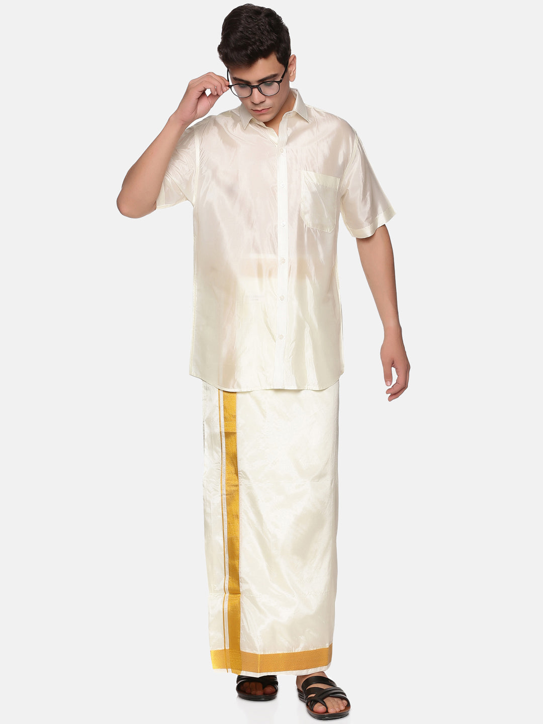 Men Half Sleeve Shirt Readymade Dhoti Angavastram Set