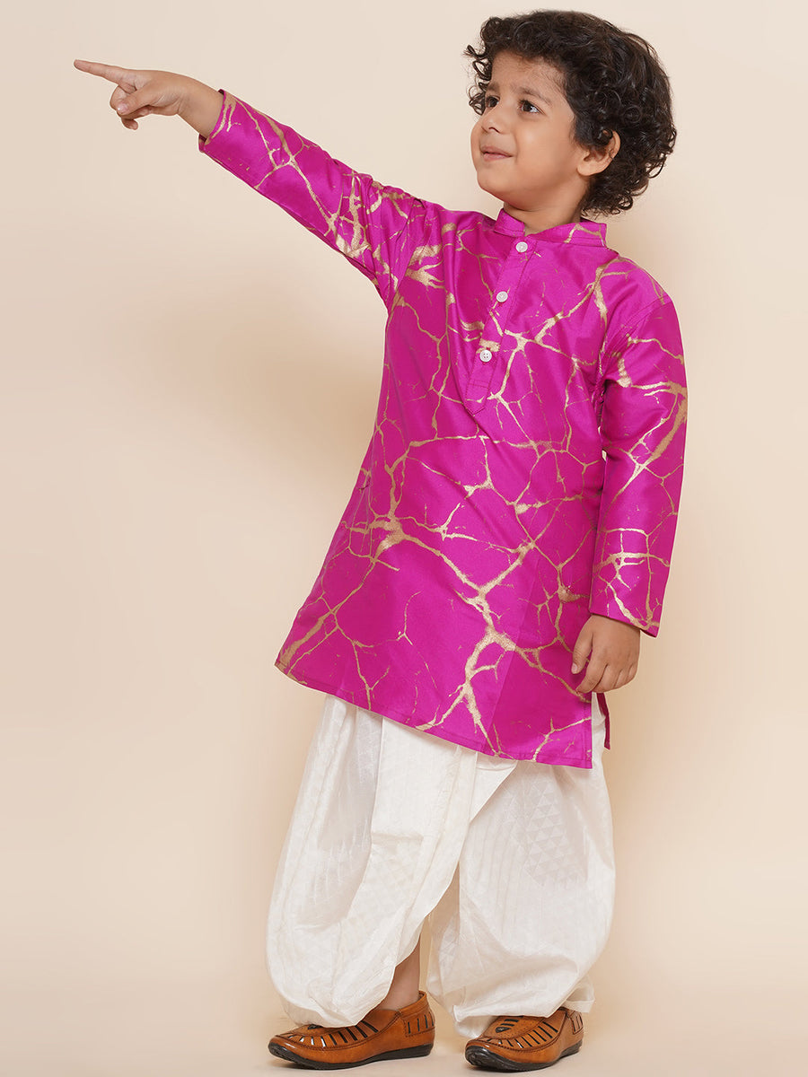 Sethukrishna Boys Gold Printed Kurta and Cream Dhotipant