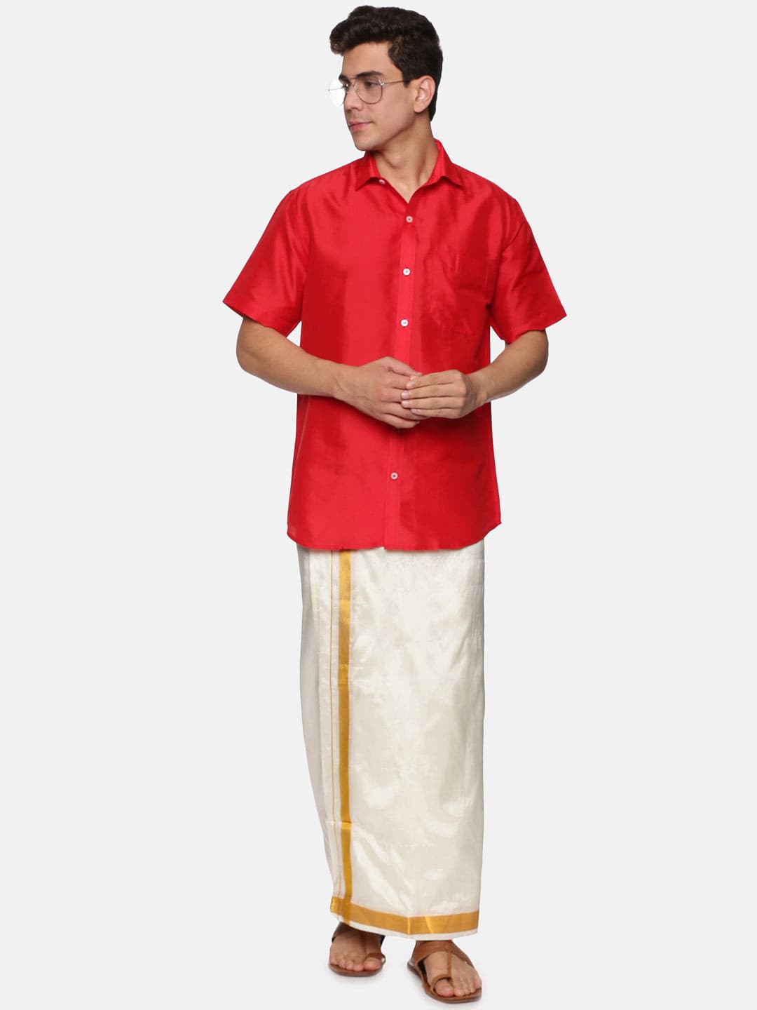 Men Solid Colour Half Sleeve Shirt and Readymade Pocket Dhoti Set