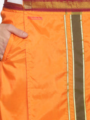 Men Orange Art Silk Readymade Dhoti With Angavastram Set.