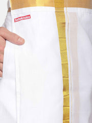 Men White Cotton Readymade Dhoti With Angavastram Set.