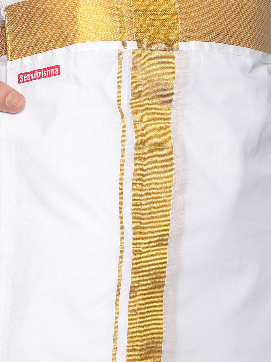 Men White Cotton Readymade Dhoti With Angavastram Set.