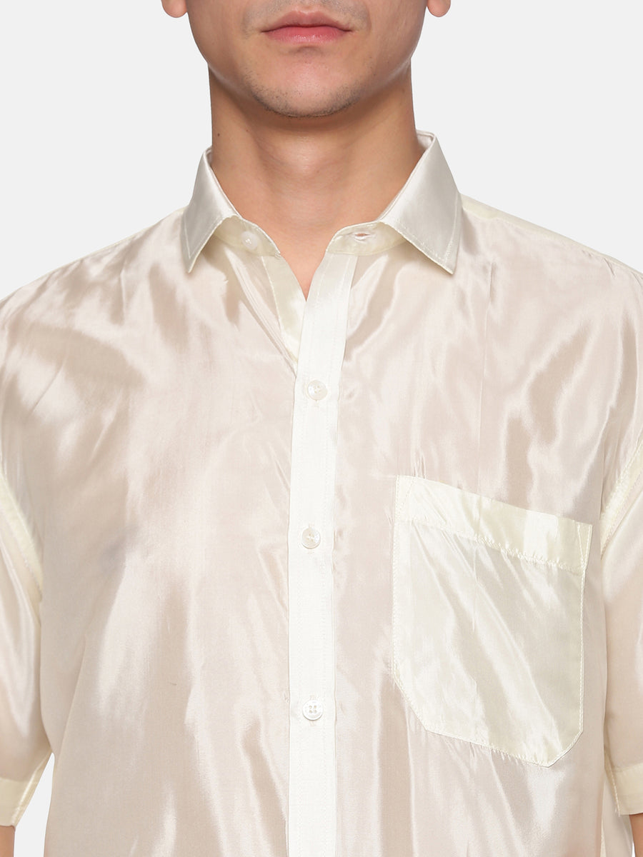 Men Artsilk Shirt and Solid White Ready to Wear Dhoti Set