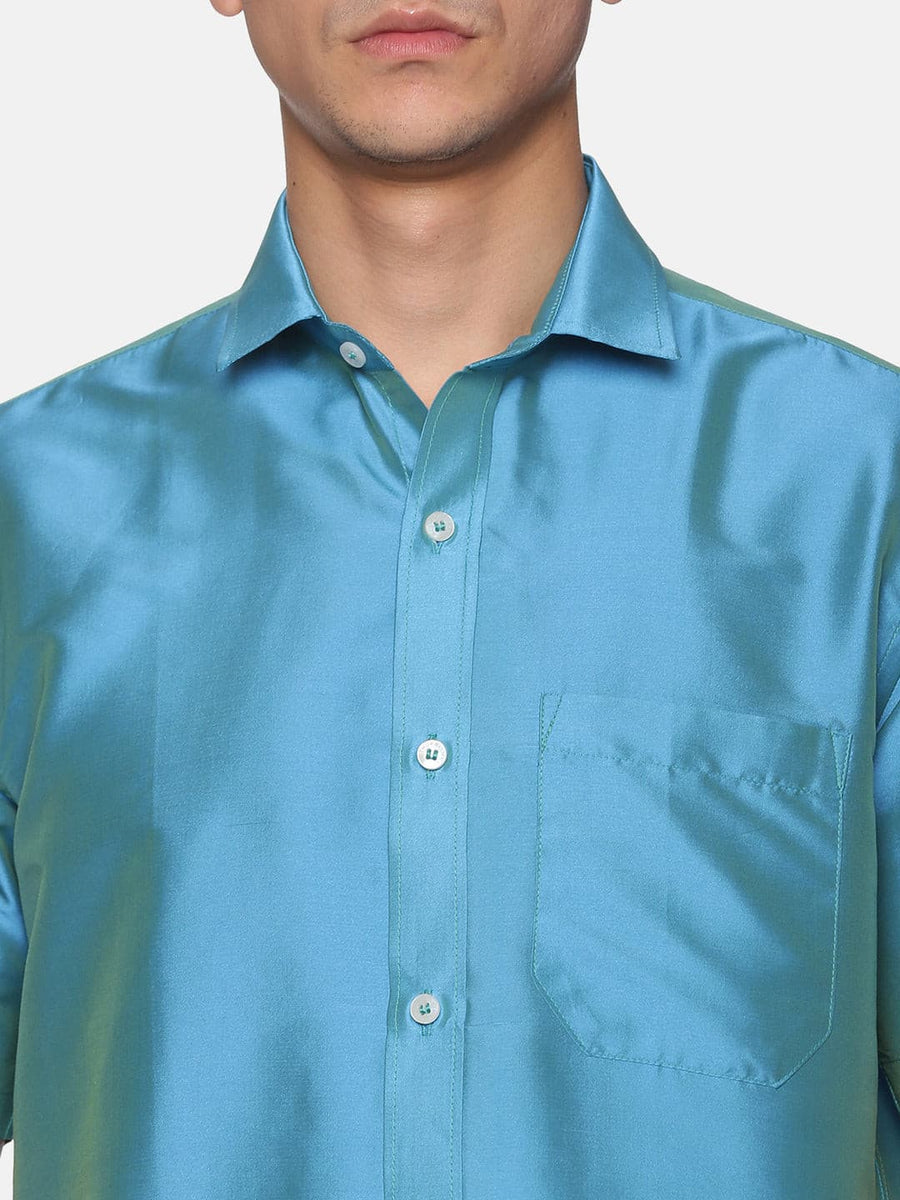 MEN SOLID BLUE COLOUR HALF SLEEVE SHIRT POCKET DHOTI SET.