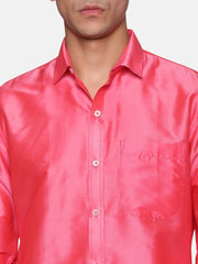 Men Solid Coral Colour Full Sleeve Shirt Pocket Dhoti Set