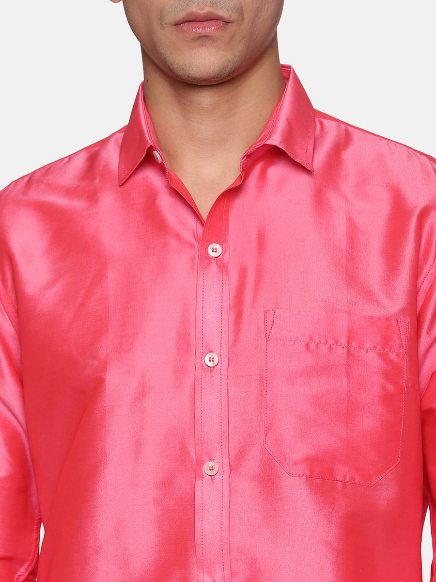 Men Solid Coral Colour Full Sleeve Shirt Pocket Dhoti Set