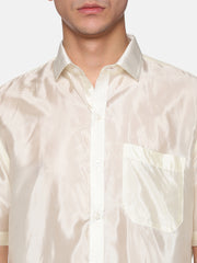 Men Artsilk Half Sleeve Shirt and Contrast Border Pocket Dhoti Set