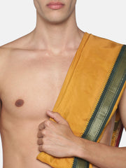 Men Mastard Art Silk Readymade Dhoti With Angavastram Set.