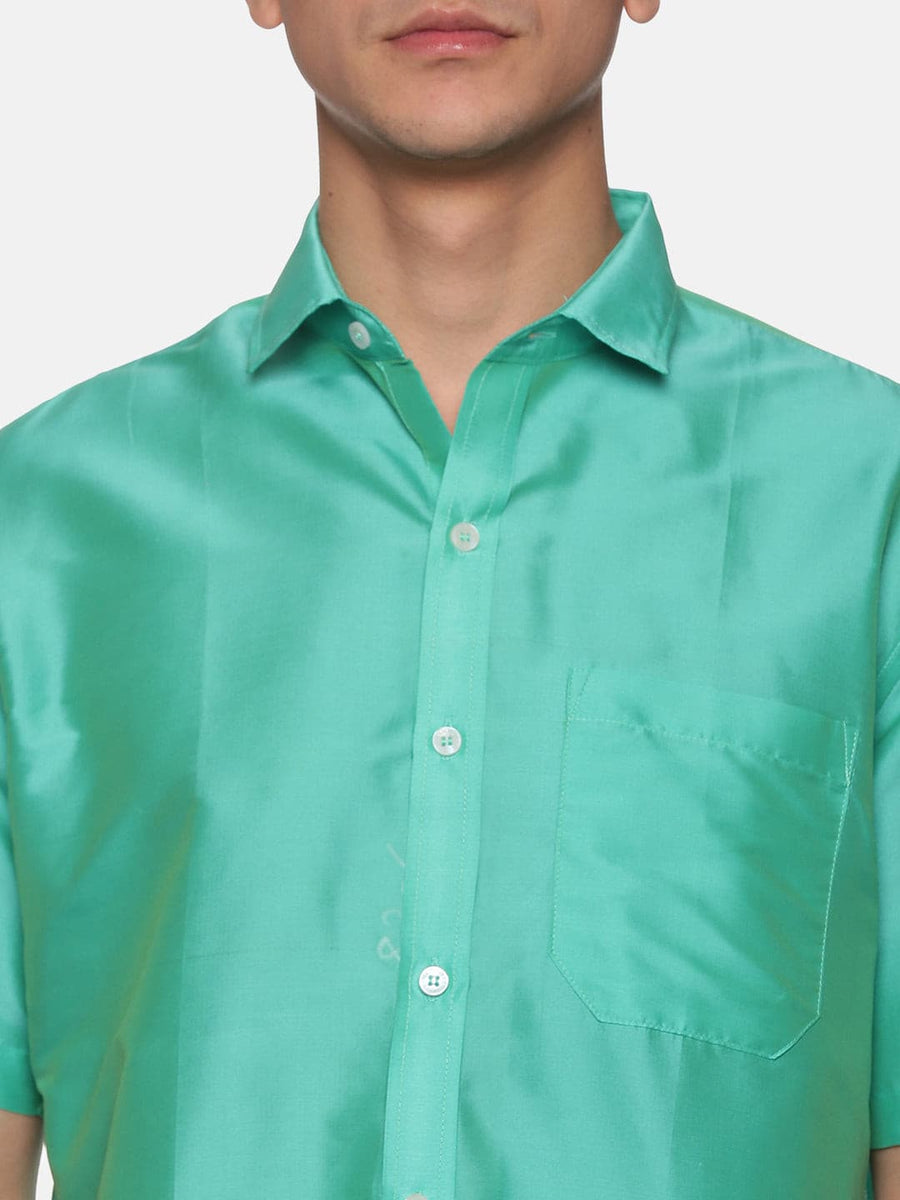 Men Solid Green Colour Half Sleeve Shirt Pocket Dhoti Angavastram Set.