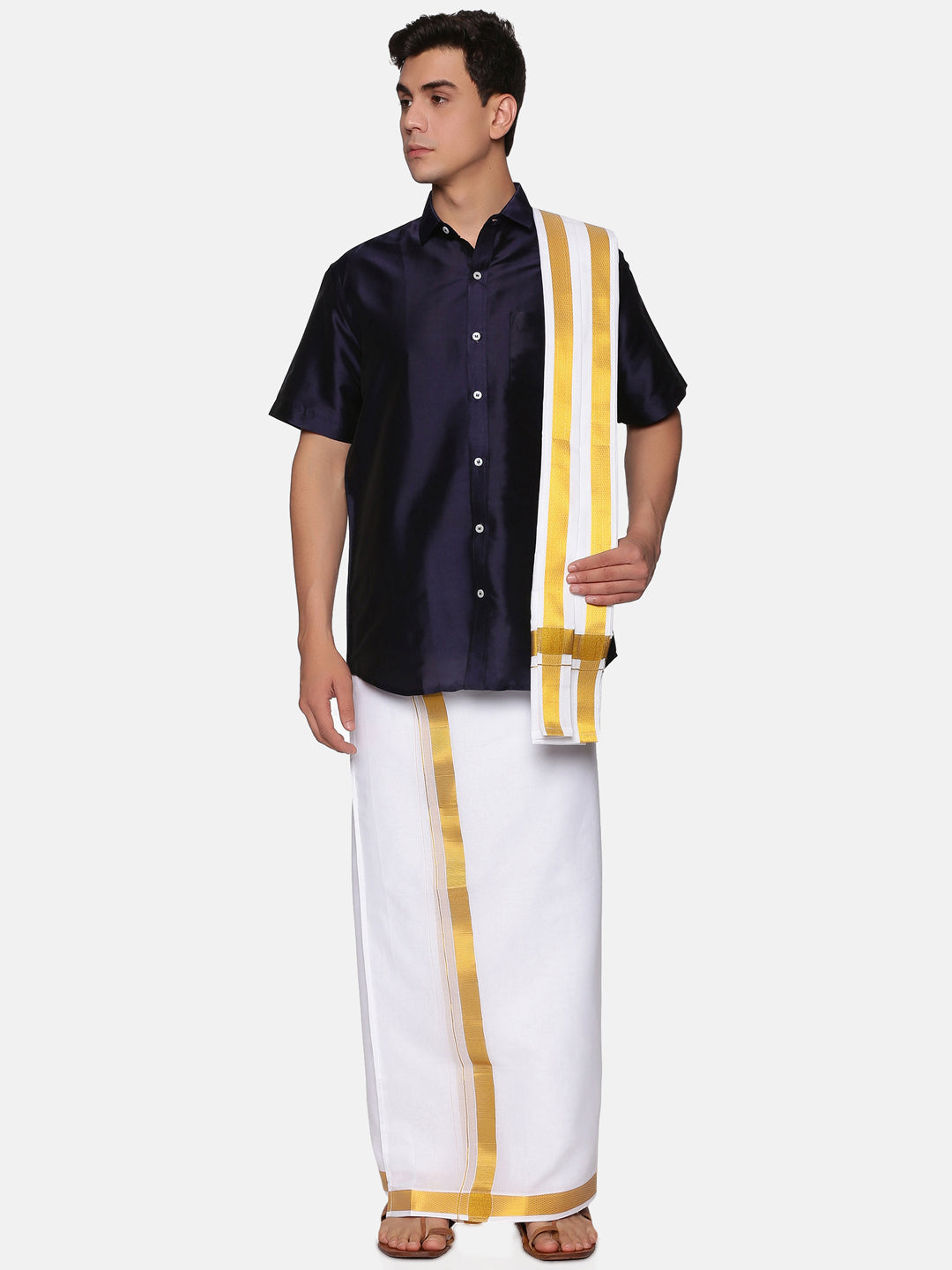 Men Solid Colour Half Sleeve Shirt Pocket Dhoti Angavastram Set