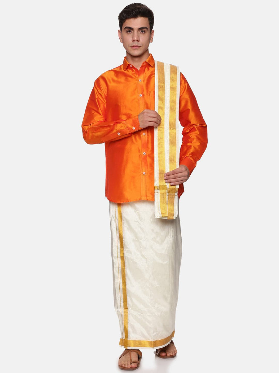 Men Solid Colour Full Sleeve Shirt Pocket Dhoti Angavastram Set