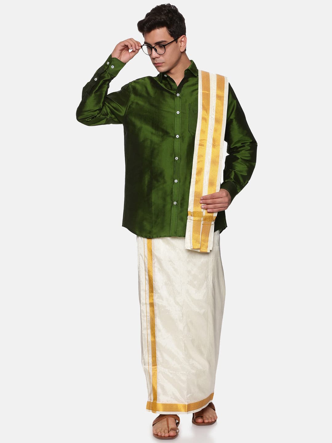 Men Solid Colour Full Sleeve Shirt Pocket Dhoti Angavastram Set