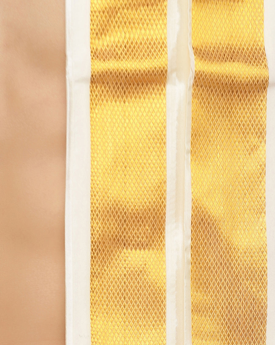 Men Cream Art Silk Readymade Dhoti With Angavastram Set.