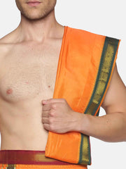 Men Orange Art Silk Readymade Dhoti With Angavastram Set.