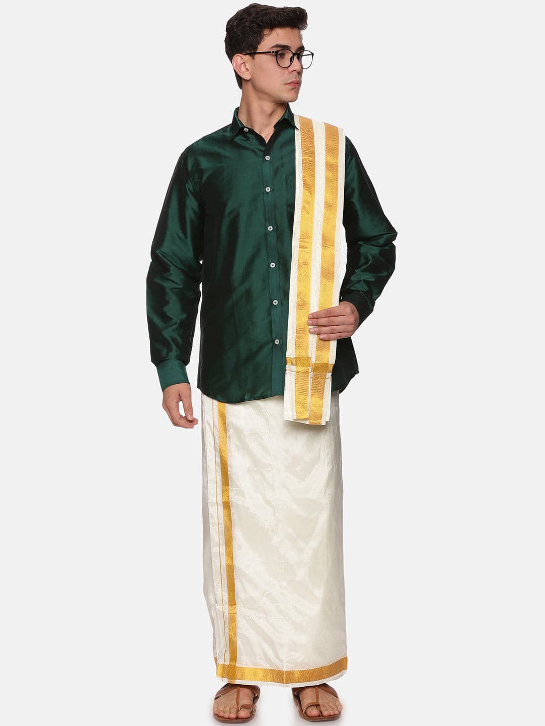 Men Solid Colour Full Sleeve Shirt Pocket Dhoti Angavastram Set