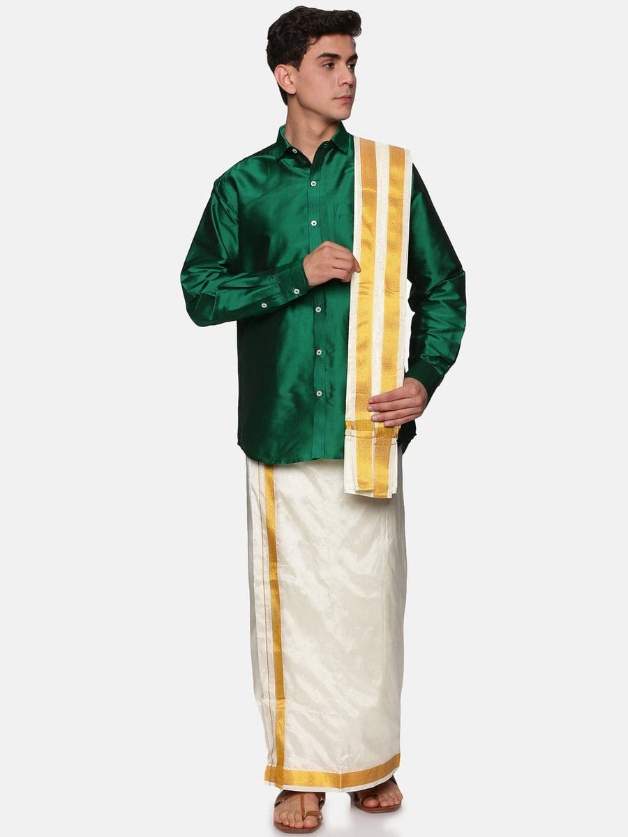 Men Solid Colour Full Sleeve Shirt Pocket Dhoti Angavastram Set