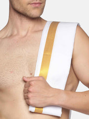 Men White Cotton Readymade Dhoti With Angavastram Set.