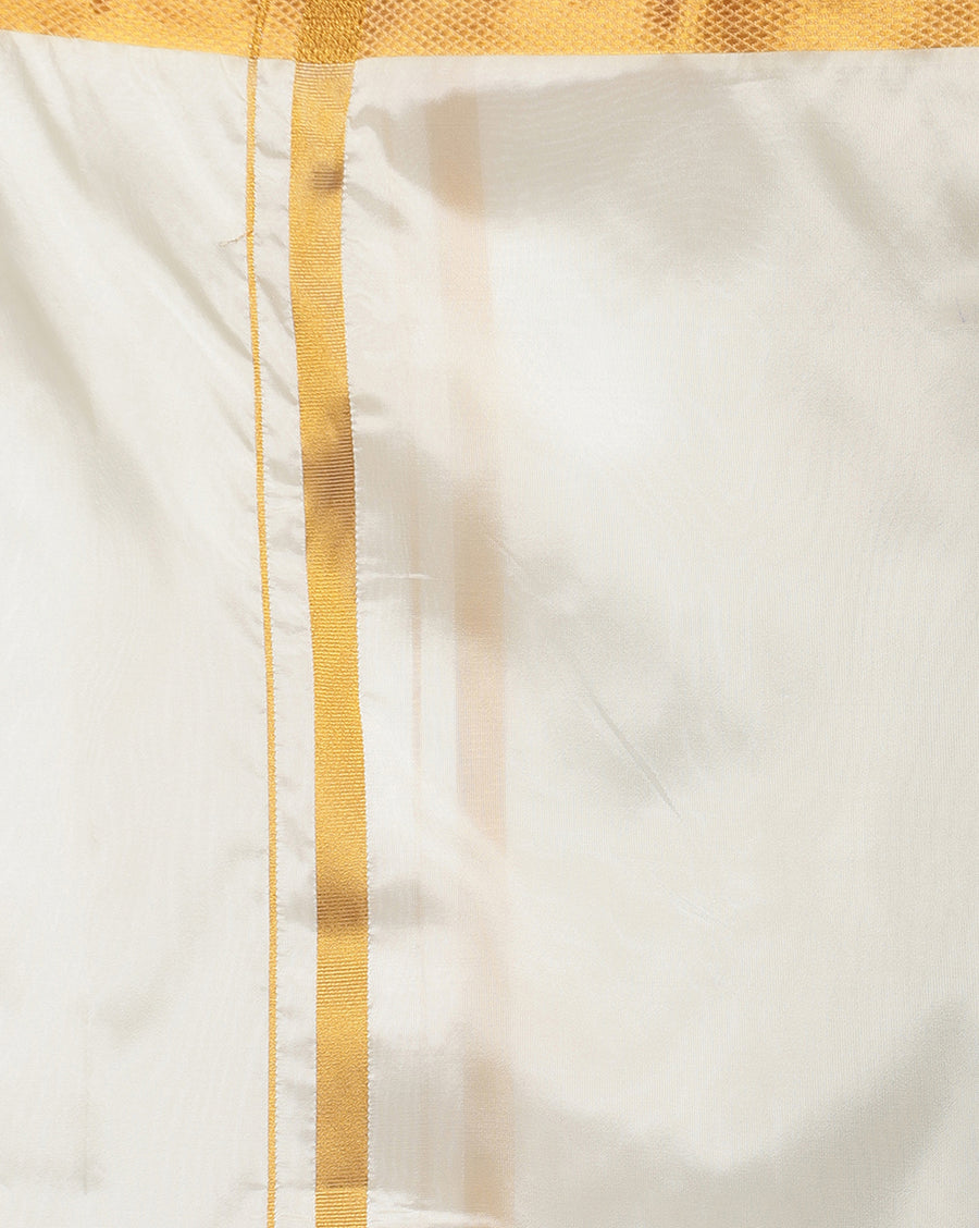 Men Cream Art Silk Readymade Dhoti With Angavastram Set.