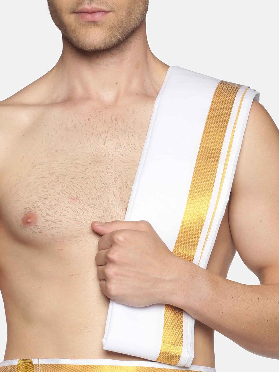 Men White Cotton Readymade Dhoti With Angavastram Set.