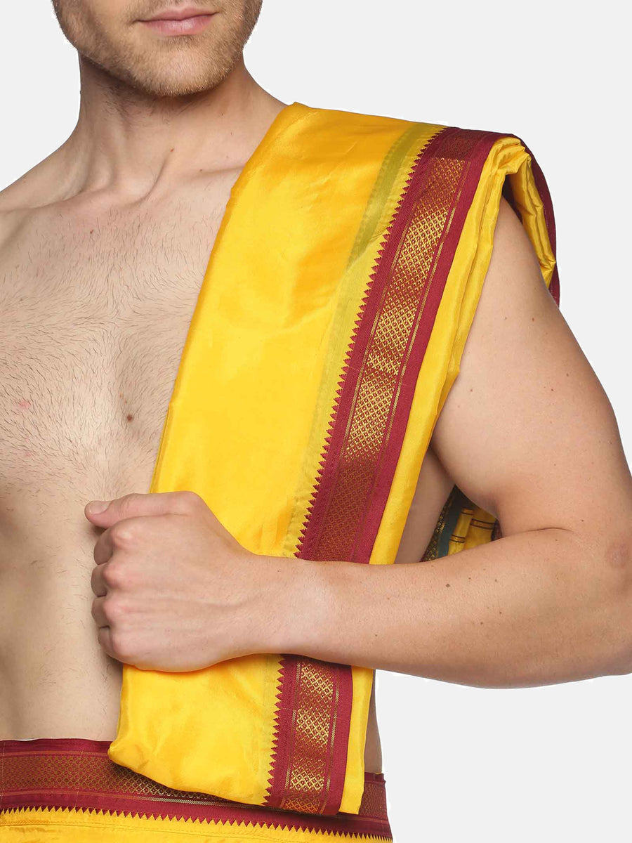 Men Mango Art Silk Readymade Dhoti With Angavastram Set.