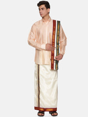 Mens Artsilk Full Sleeve Shirt with Cream Dhoti and Angavastram Set