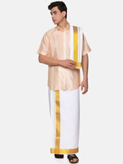 Mens Art Silk Peach Shirt With White Dhoti And Angavastram.