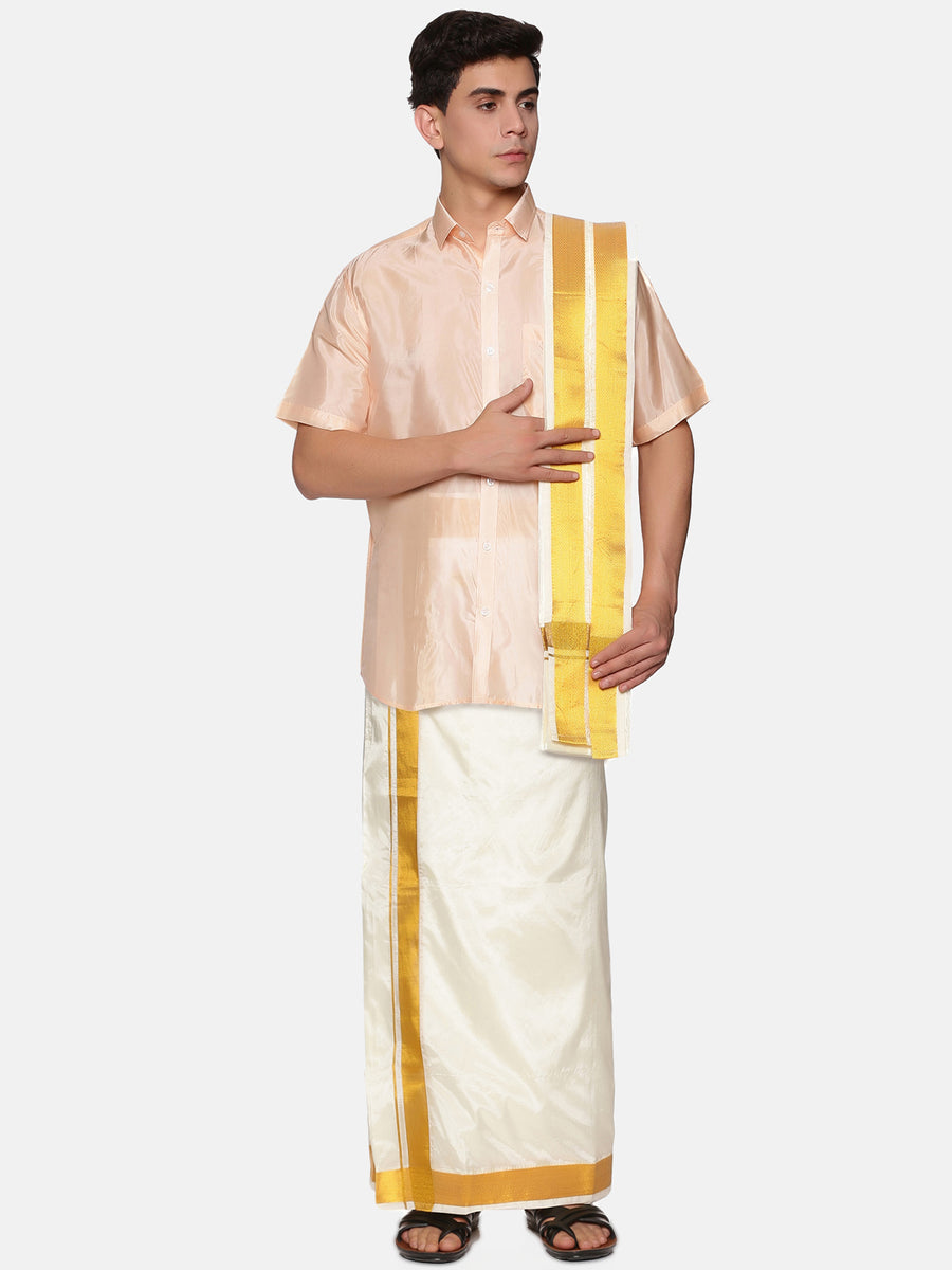 Men Half Sleeve Shirt Readymade Dhoti Angavastram Set
