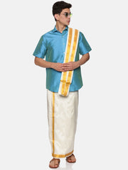 Men Solid Colour Half Sleeve Shirt Pocket Dhoti Angavastram Set